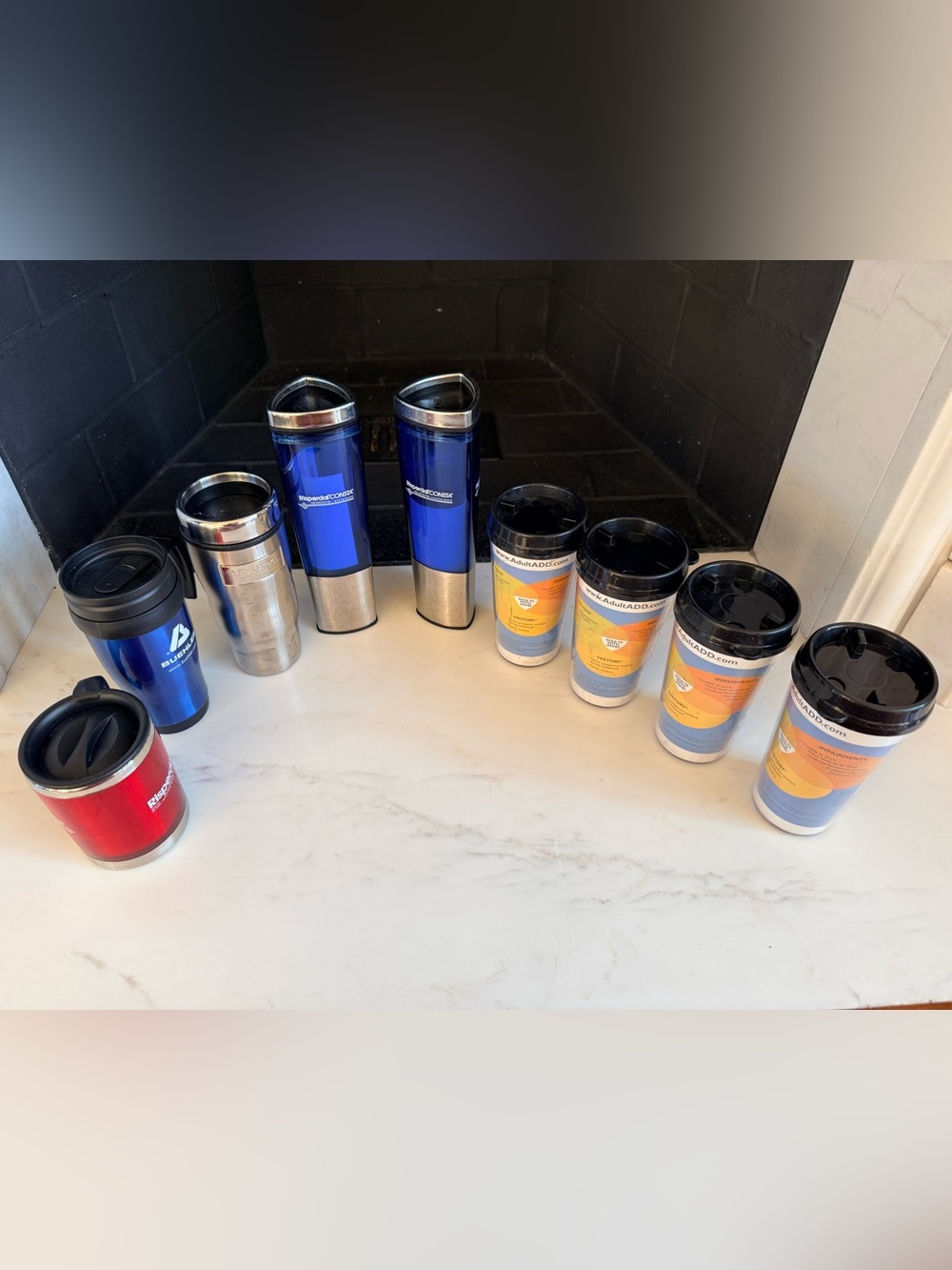 Lot 9 Travel Mugs and Tumblers Blue Silver Red stainless  advertising Drinkware